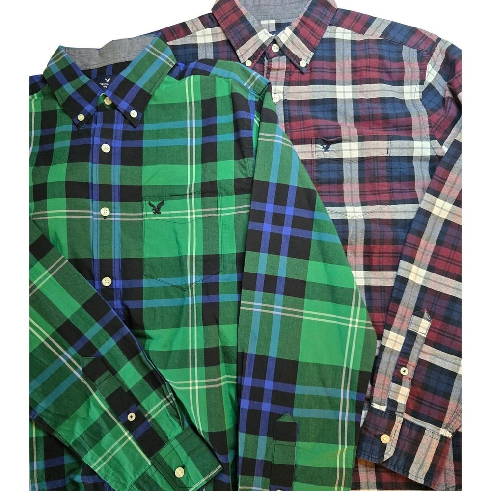 Lot of 2 American Eagle Mens Plaid Button Down Shirts Green Maroon Classic Fit M